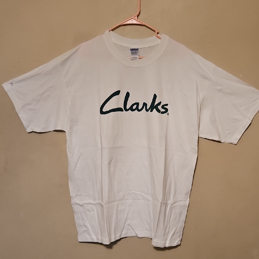 Clarks White Tee with Dark Green Script Logo